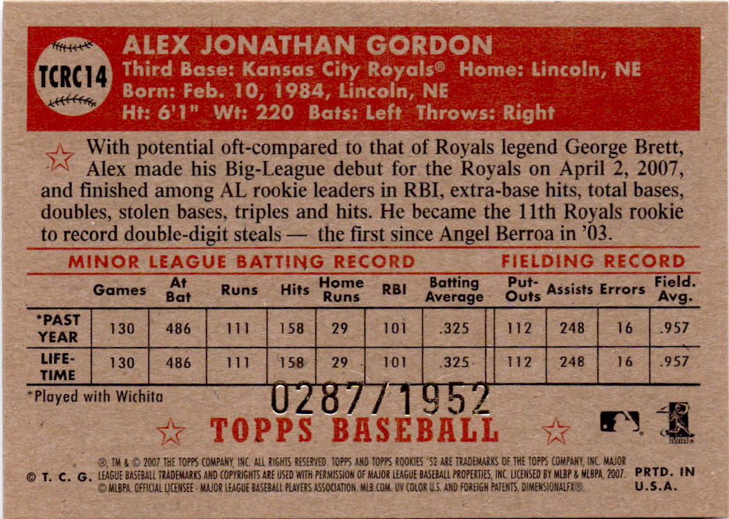 2007 Topps Rookie 1952 Edition #TCRC14 Alex Gordon Chrome #/1952