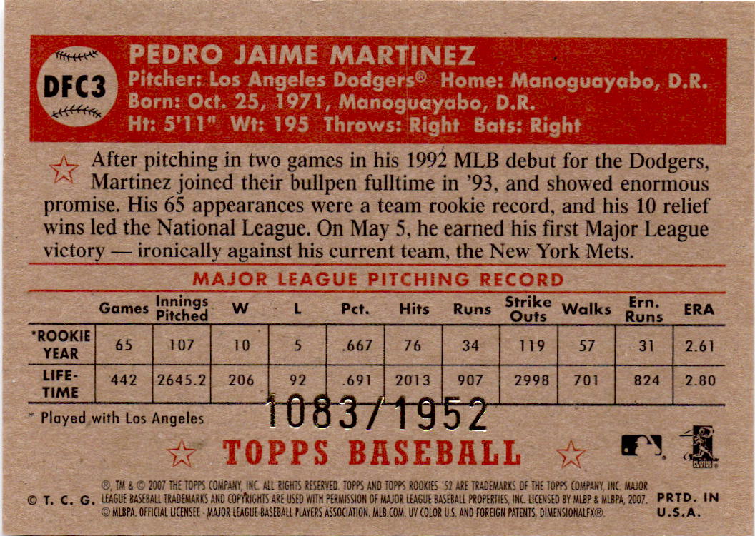 2007 Topps Rookie 1952 Edition  Pedro Martinez Debut Flashbacks Chrome #/1952