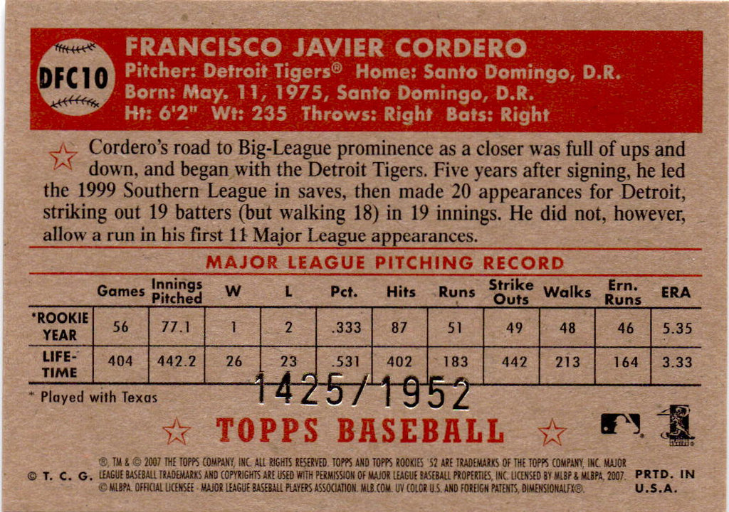 2007 Topps Rookie 1952 Edition Francisco Cordero Debut Flashbacks Chrome #/1952