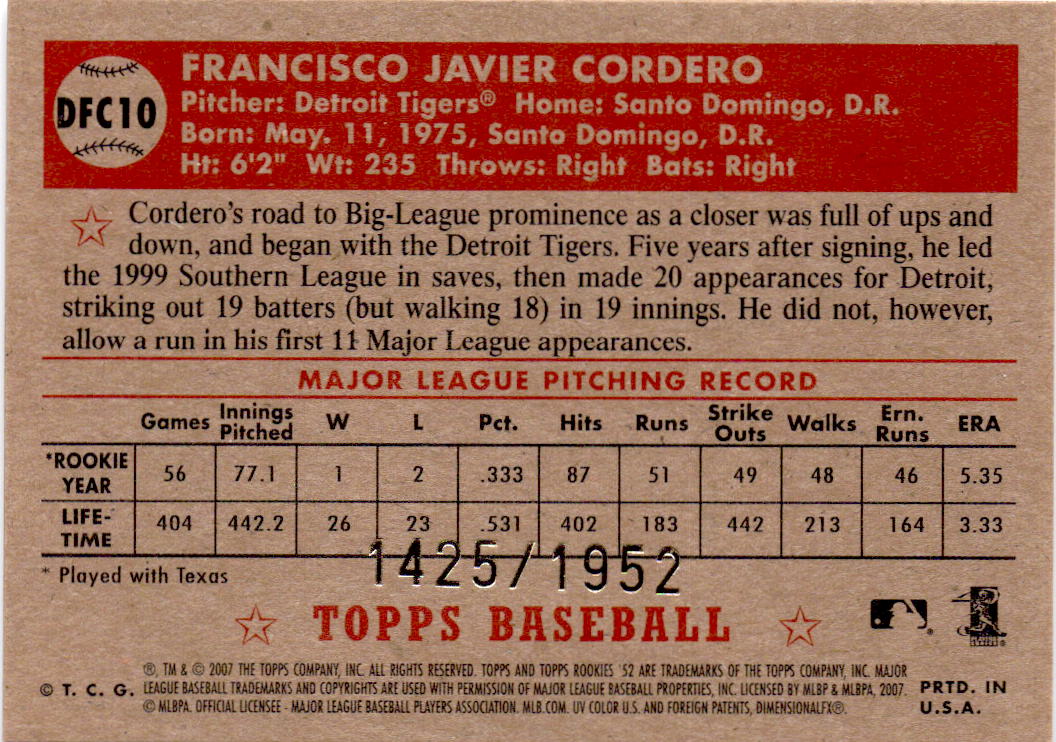 2007 Topps Rookie 1952 Edition Francisco Cordero Debut Flashbacks Chrome #/1952