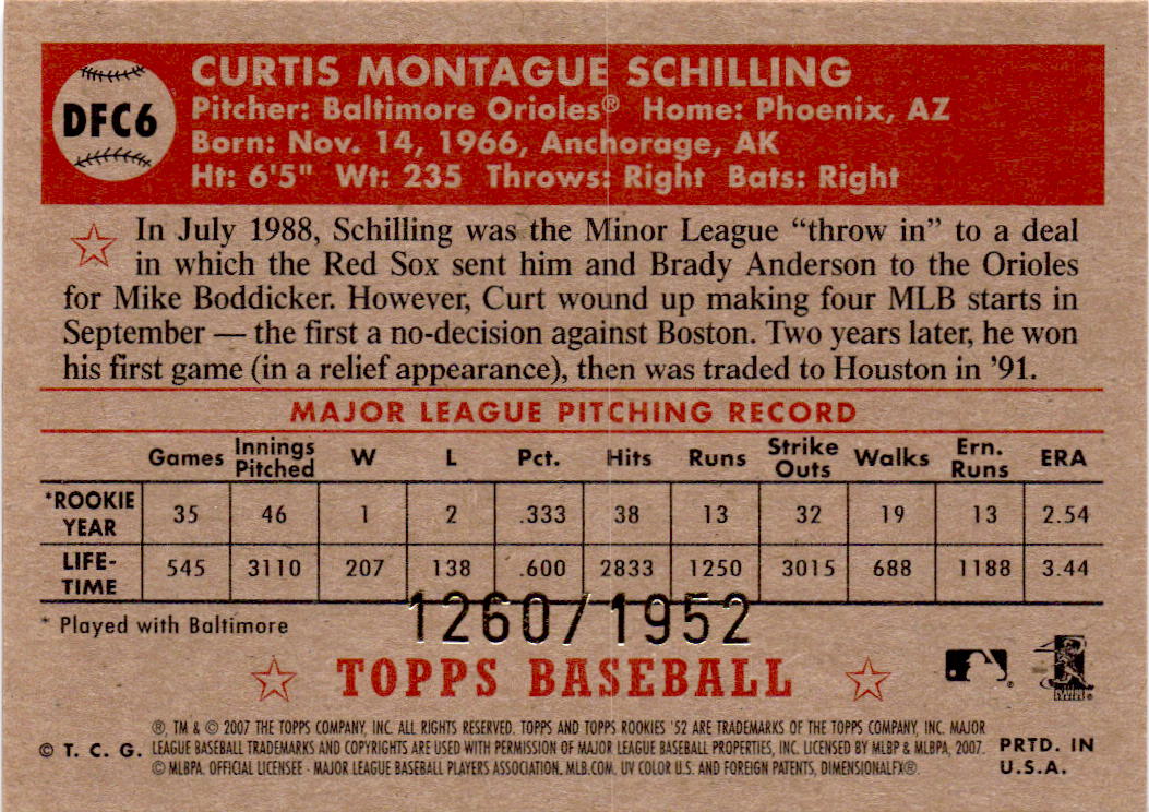 2007 Topps Rookie 1952 Edition Curt Schilling Debut Flashbacks Chrome #/1952