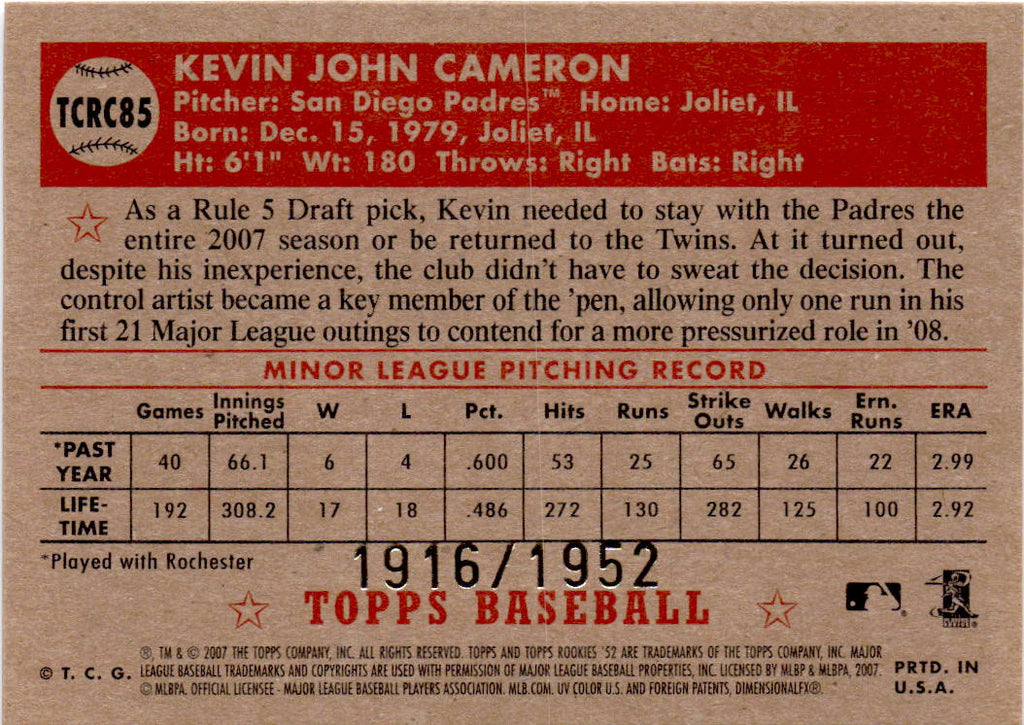 2007 Topps Rookie 1952 Edition #TCRC85 Kevin Cameron Chrome #/1952