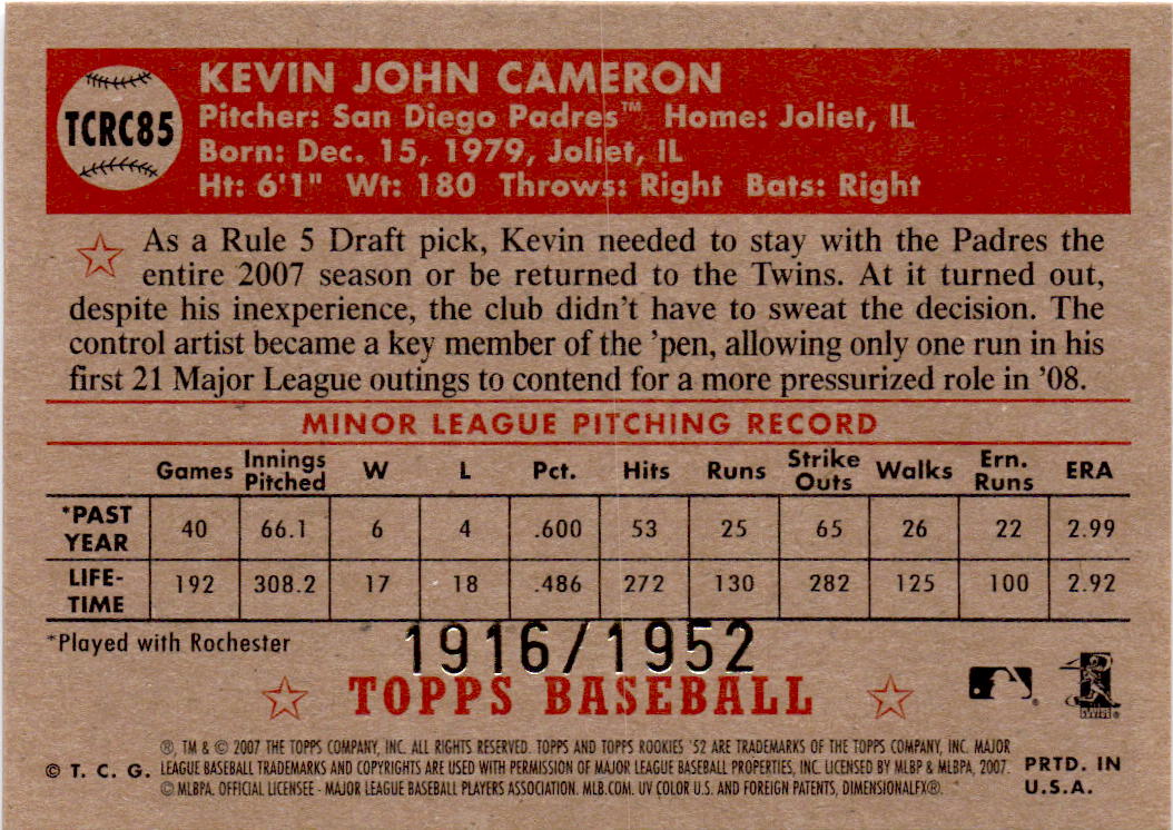 2007 Topps Rookie 1952 Edition #TCRC85 Kevin Cameron Chrome #/1952