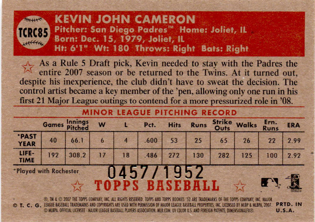 2007 Topps Rookie 1952 Edition #TCRC85 Kevin Cameron Chrome #/1952