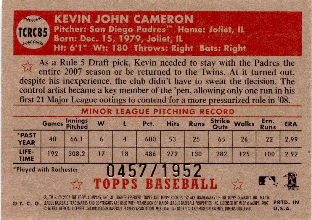 2007 Topps Rookie 1952 Edition #TCRC85 Kevin Cameron Chrome #/1952