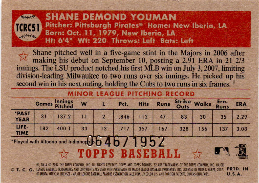 2007 Topps Rookie 1952 Edition #TCRC51 Shane Youman Chrome #/1952