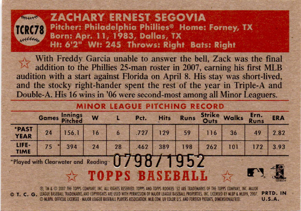 2007 Topps Rookie 1952 Edition #TCRC78 Zack Segovia Chrome #/1952