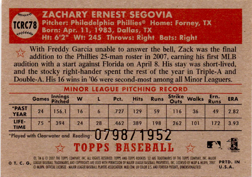 2007 Topps Rookie 1952 Edition #TCRC78 Zack Segovia Chrome #/1952