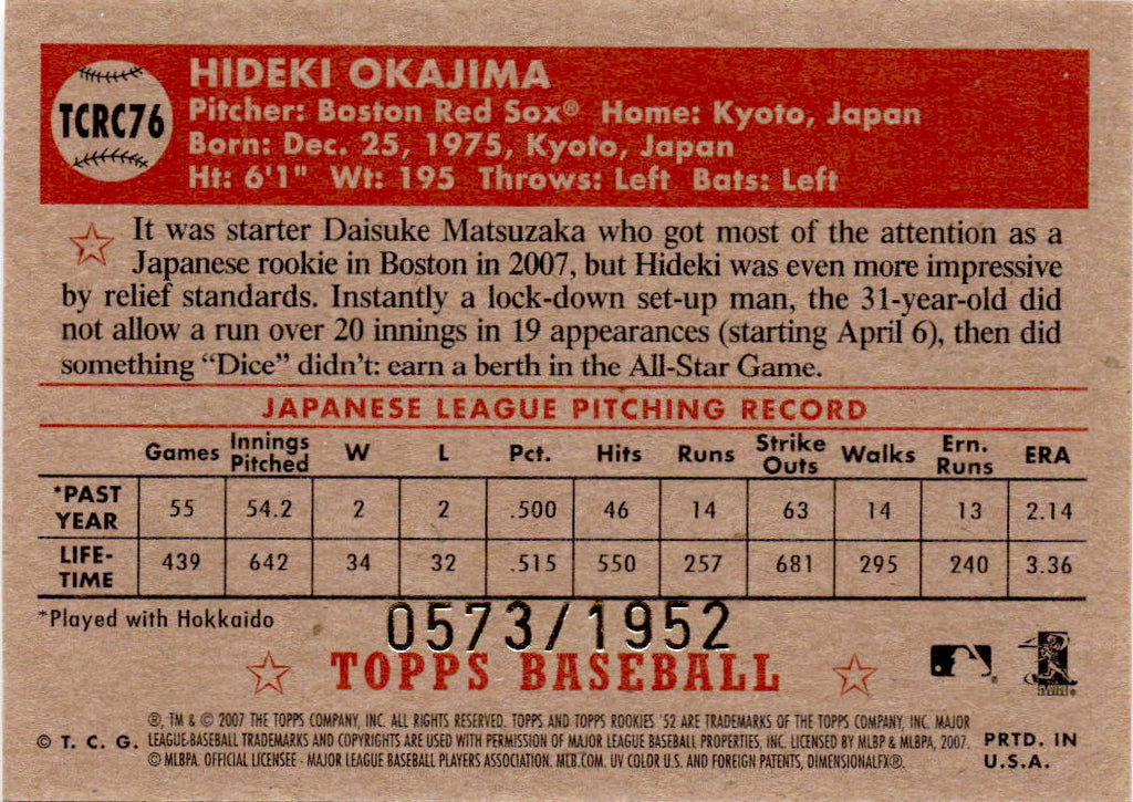 2007 Topps Rookie 1952 Edition #TCRC76 Hideki Okajima Chrome #/1952