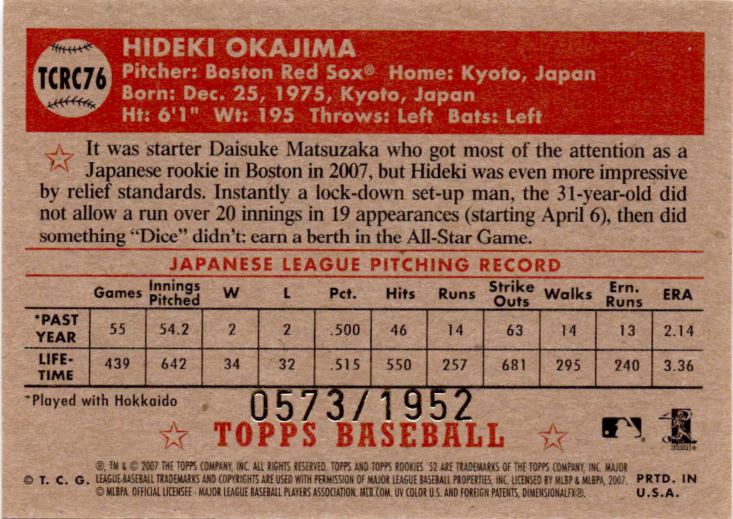 2007 Topps Rookie 1952 Edition #TCRC76 Hideki Okajima Chrome #/1952