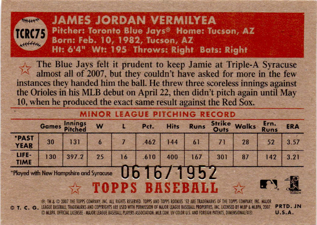 2007 Topps Rookie 1952 Edition #TCRC75 Jamie Vermilyea Chrome #/1952