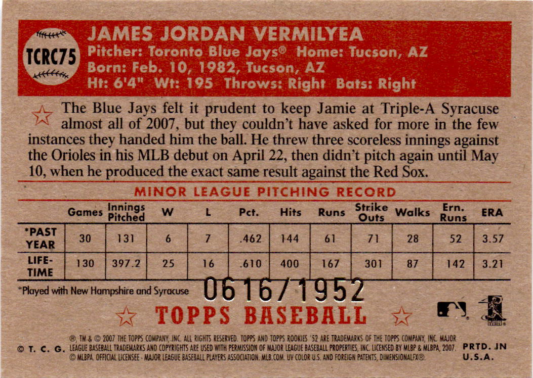 2007 Topps Rookie 1952 Edition #TCRC75 Jamie Vermilyea Chrome #/1952