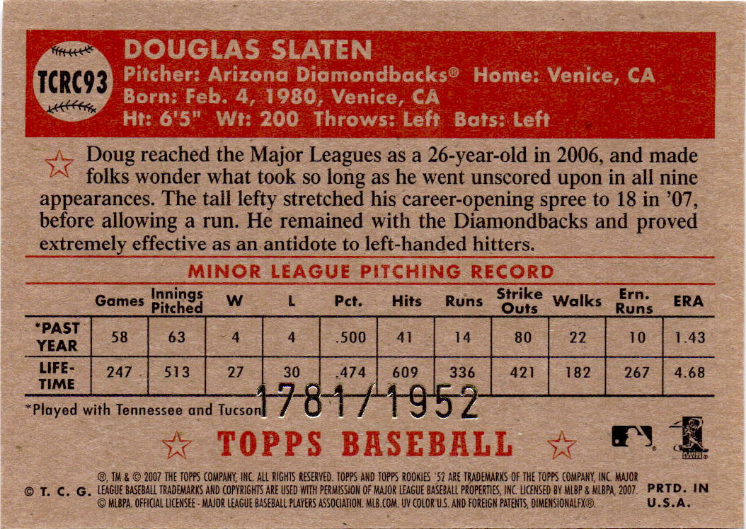 2007 Topps Rookie 1952 Edition #TCRC93 Doug Slaten Chrome #/1952