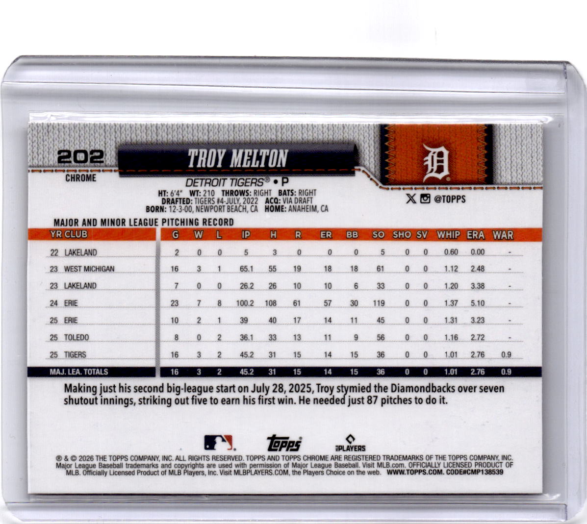 2026 Topps Chrome #202 Troy Melton Pink Refractors #/250