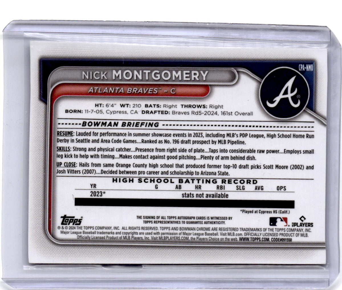 2024 Bowman Draft #CPA-NMO Nick Montgomery Chrome Prospect Autographs