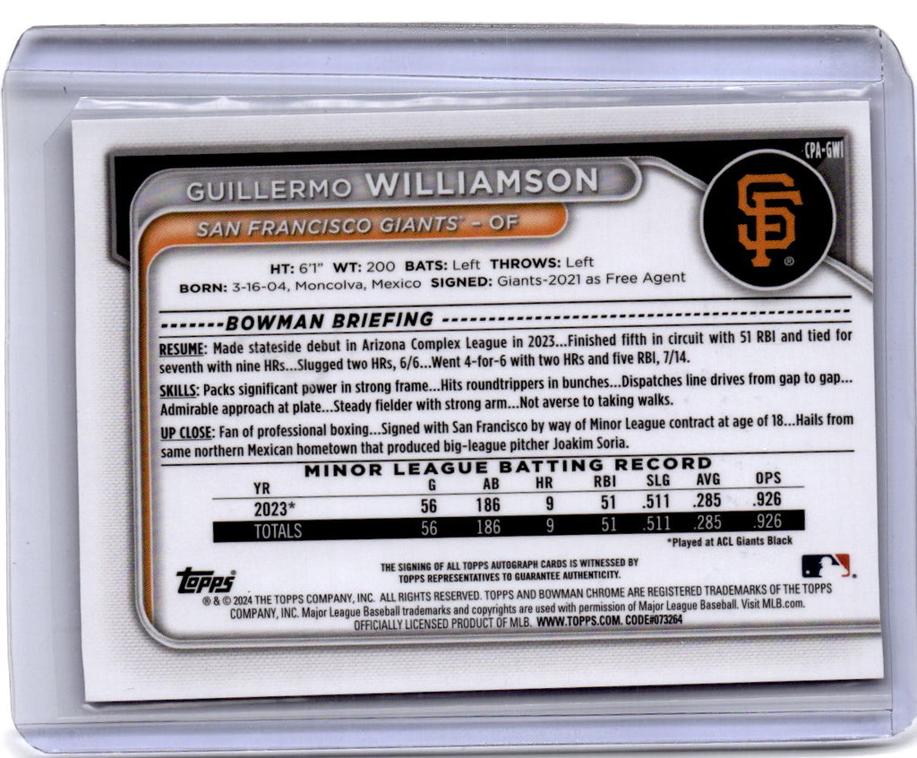 2024 Bowman Chrome Guillermo Williamson Autographs Purple Refractors #/250