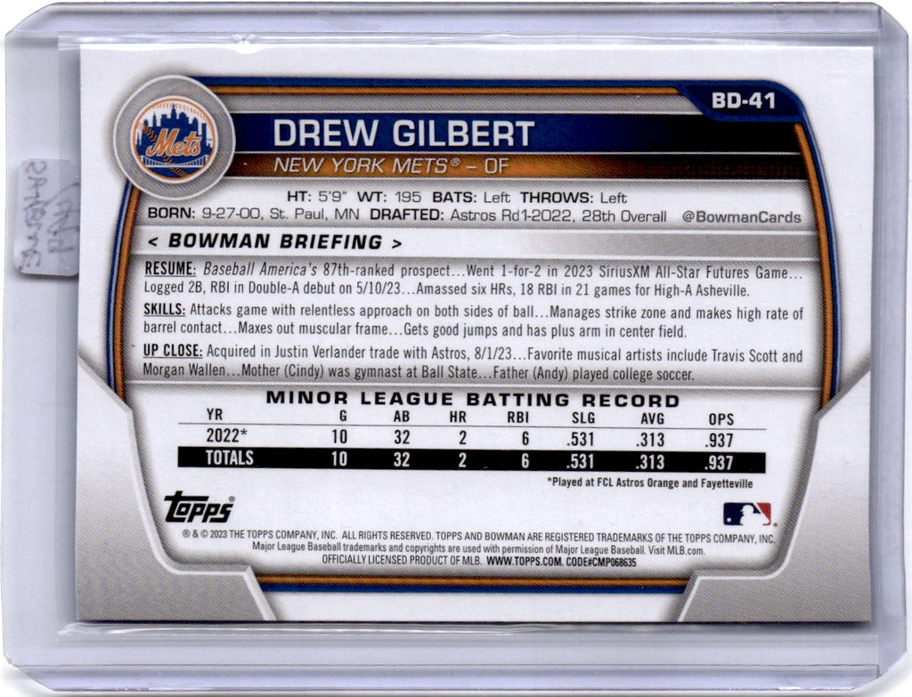 2023 Bowman Draft #BD-41 Drew Gilbert Sky Blue #/499