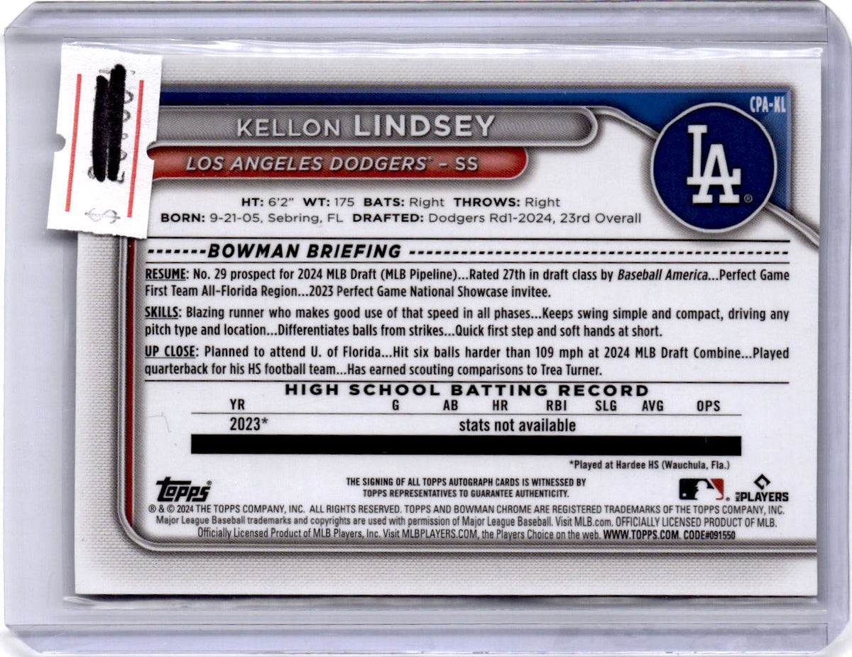 2024 Bowman Draft #CPA-KL Kellon Lindsey Chrome Prospect Autographs
