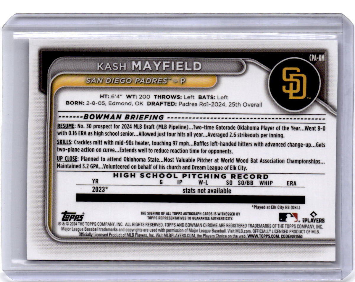 2024 Bowman #BMA-KM Kash Mayfield Chrome Autographs Blue Refractor/150