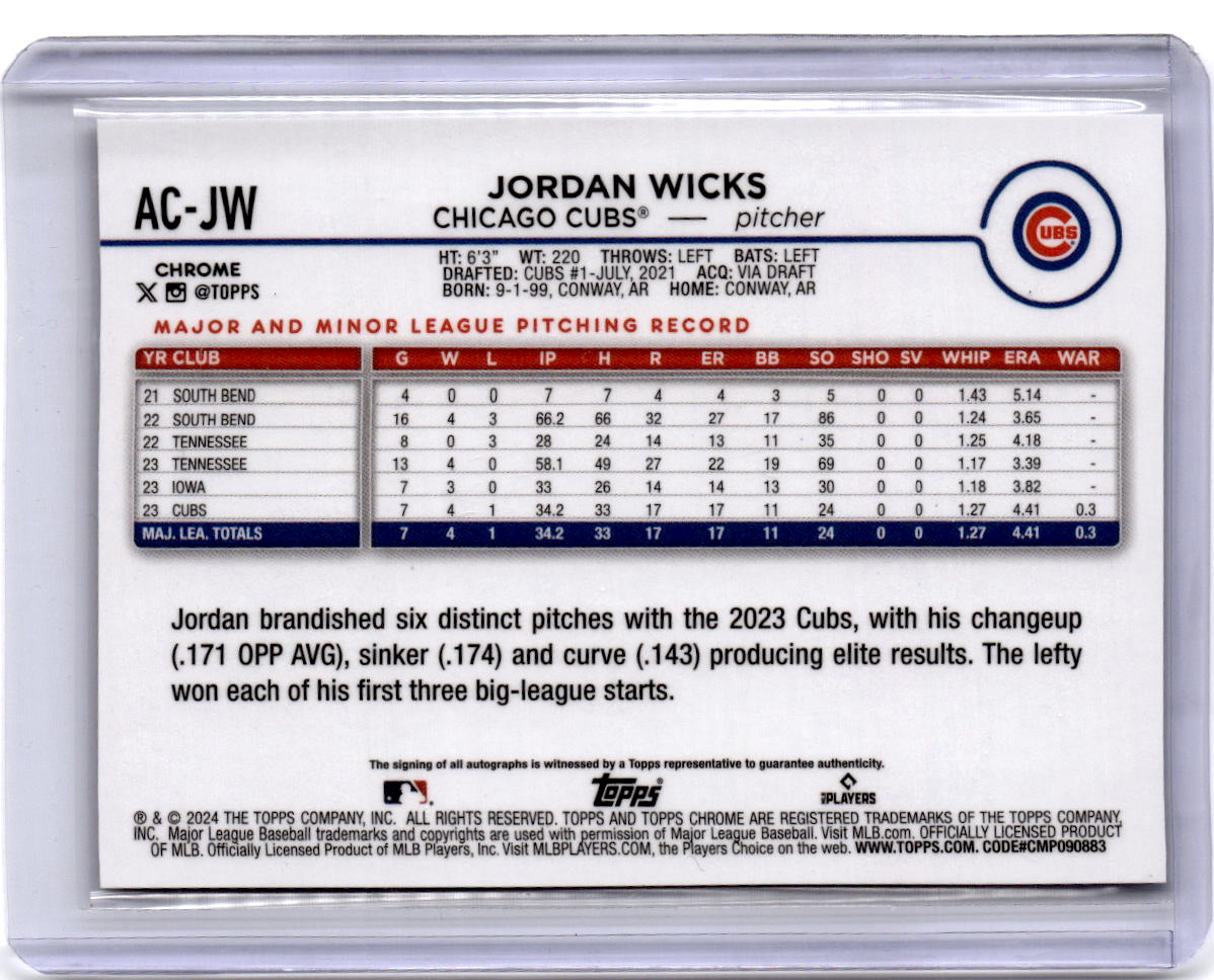 2024 Topps Chrome Update #AC-JW Jordan Wicks Autographs