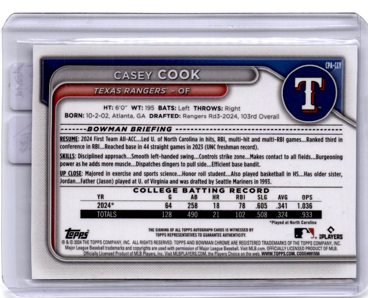 2024 Bowman Draft #CPA-CCY Casey Cook Chrome Prospect Autographs aqua lava/199