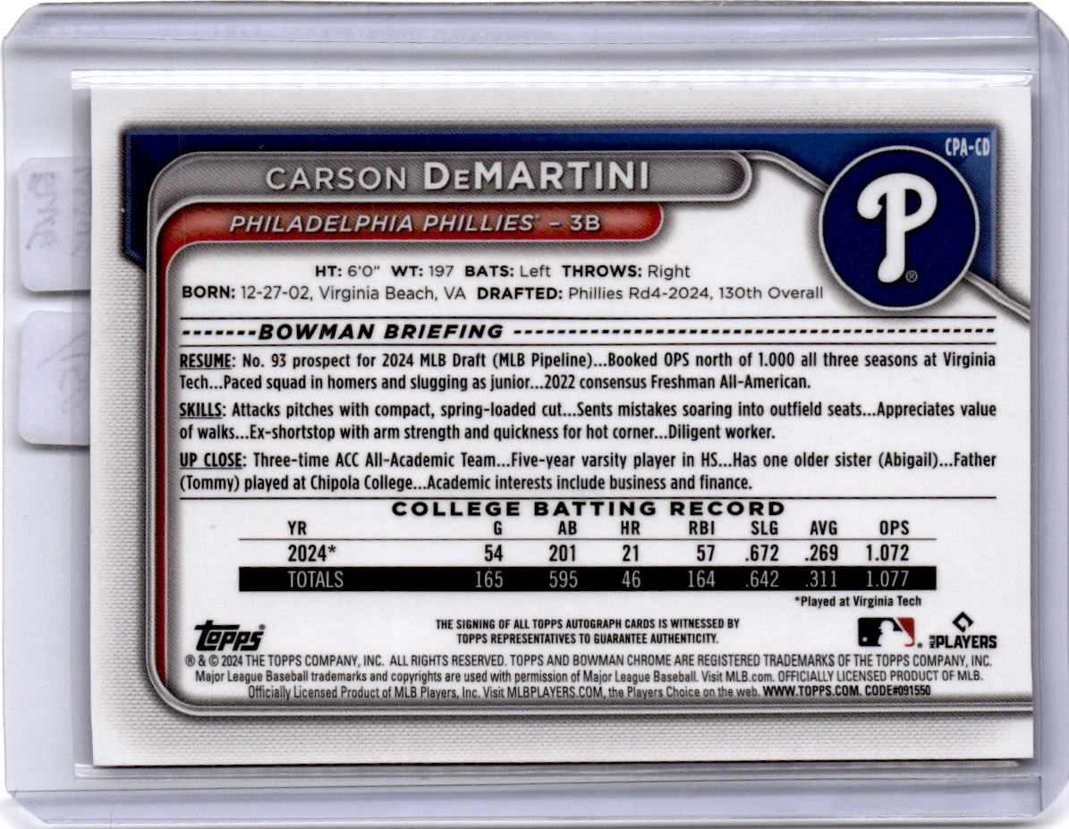 2024 Bowman Draft Carson DeMartini Chrome Autographs Blue Wave Refractor #/150