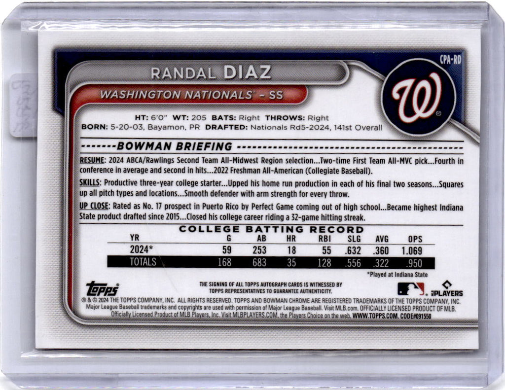 2024 Bowman Draft Randal Diaz Chrome Prospect Autographs Purple Refractor #/250