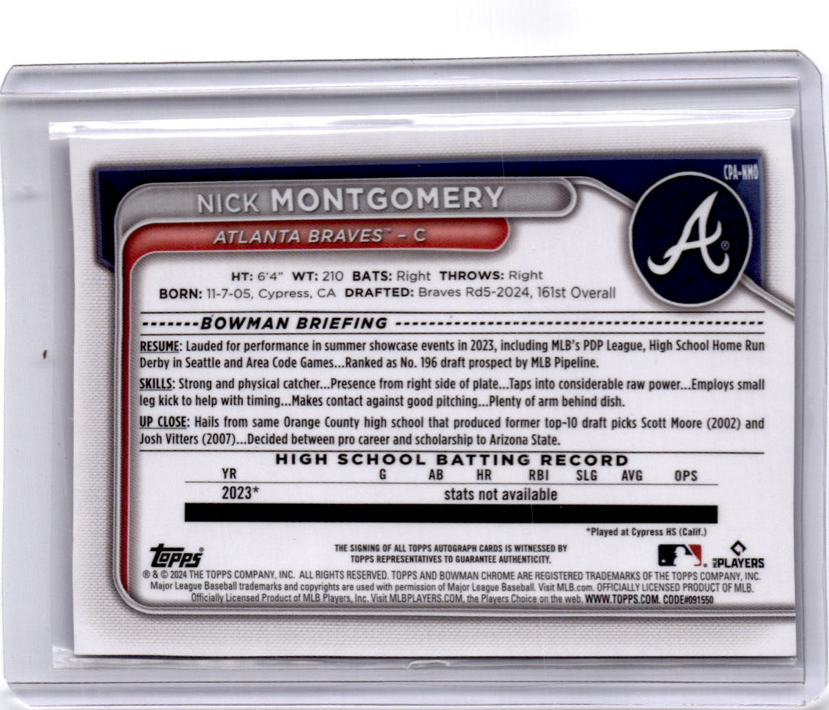 2024 Bowman Draft #CPA-NMO Nick Montgomery Chrome Prospect Autographs