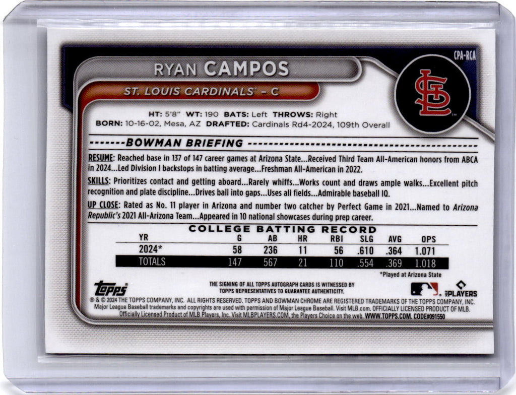 2024 Bowman Draft Ryan Campos Chrome  Autographs Blue Wave Refractor /150