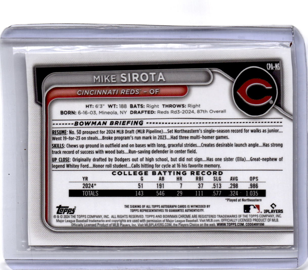 2024 Bowman Draft #CPA-MS Mike Sirota Chrome Prospect Autographs