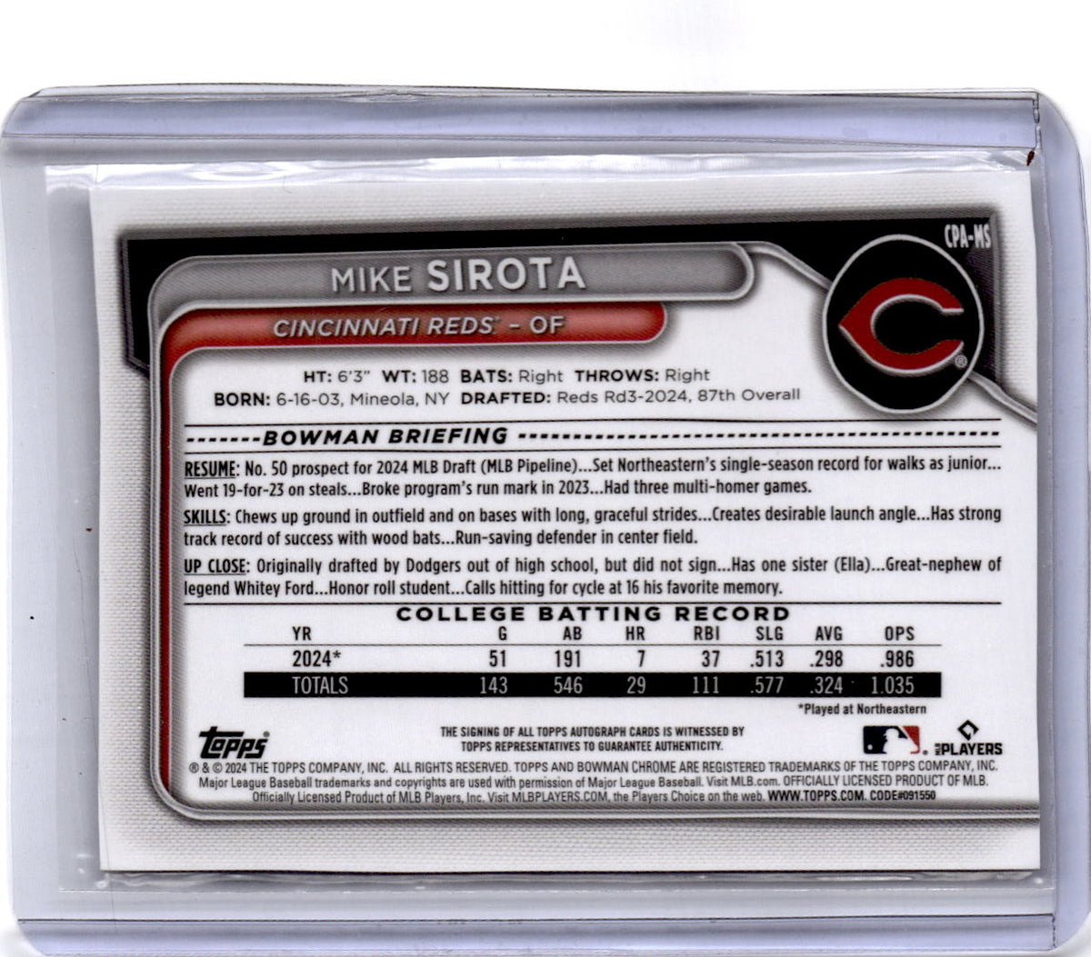2024 Bowman Draft #CPA-MS Mike Sirota Chrome Prospect Autographs