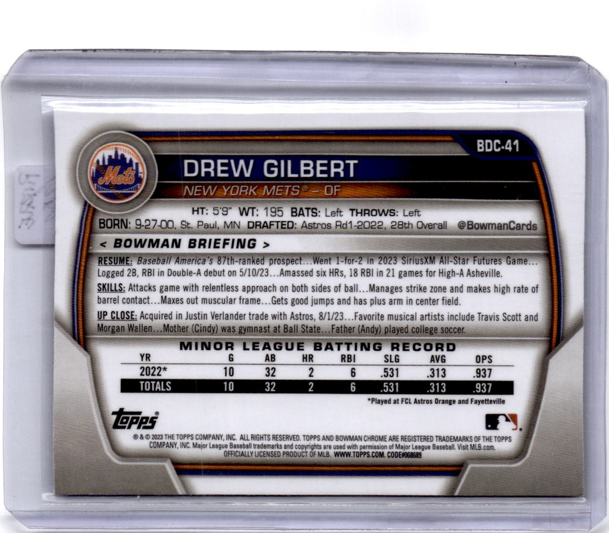 2023 Bowman Draft #BDC-41 Drew Gilbert Chrome Purple Refractor #/250