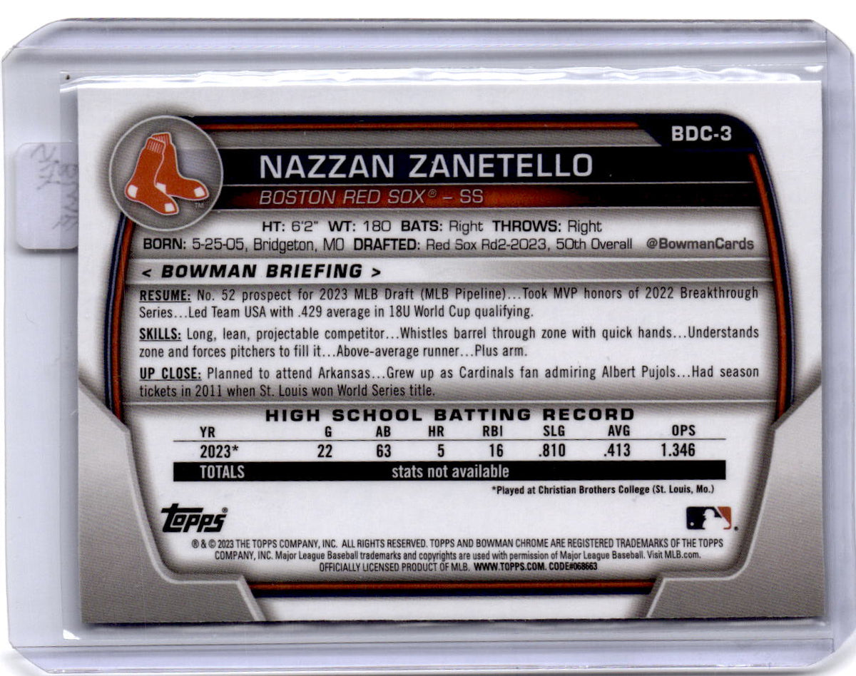 2023 Bowman Draft #BDC-3 Nazzan Zanetello Chrome Sky Blue Refractor