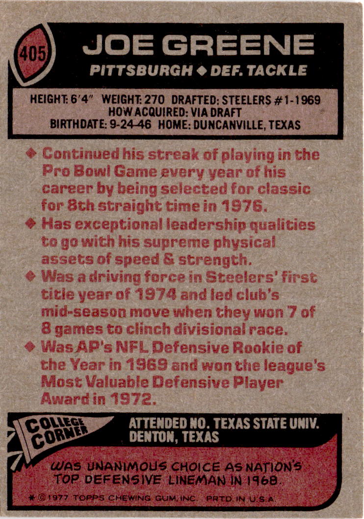 1977 Topps #405 Joe Greene