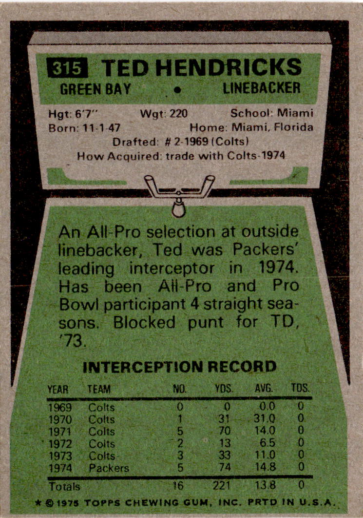 1975 Topps #315 Ted Hendricks