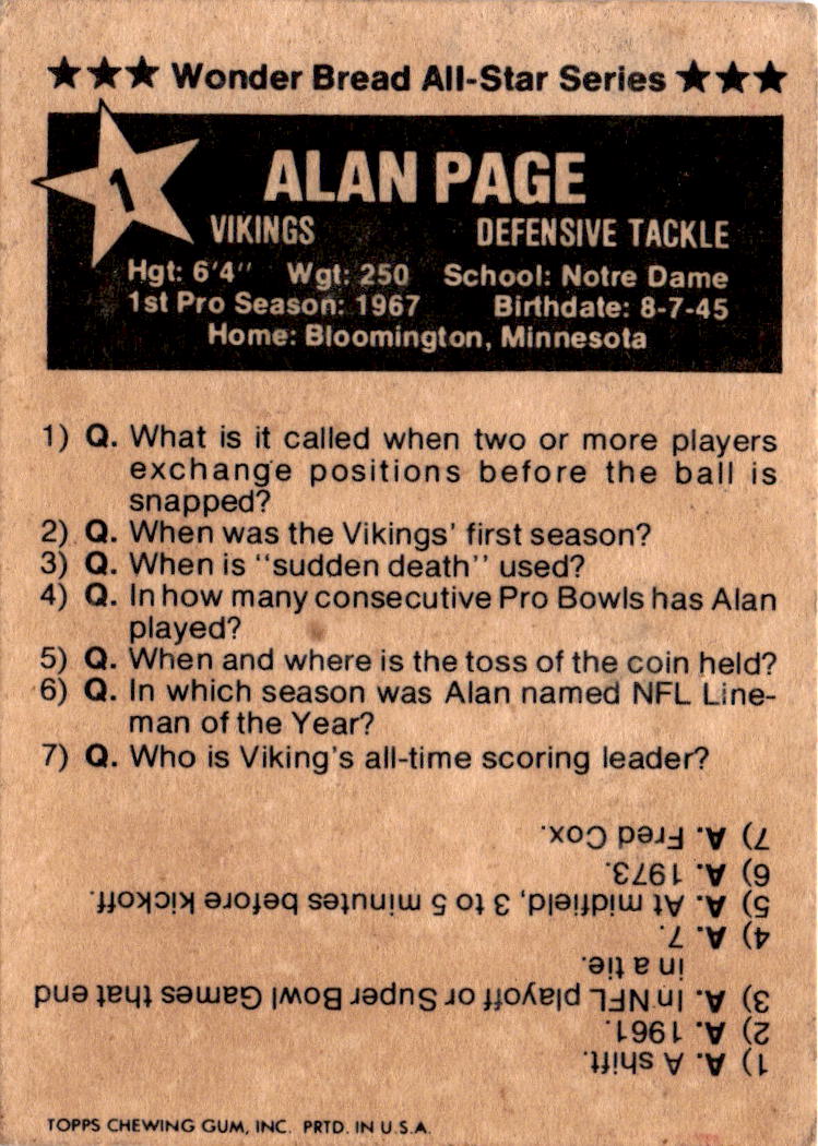 1975 Town Talk Bread #1 Alan Page