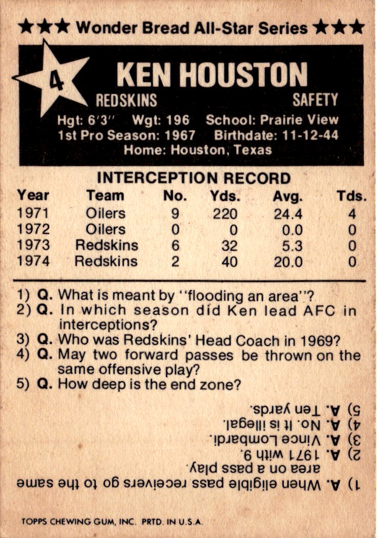 1975 Wonder Bread #4 Ken Houston