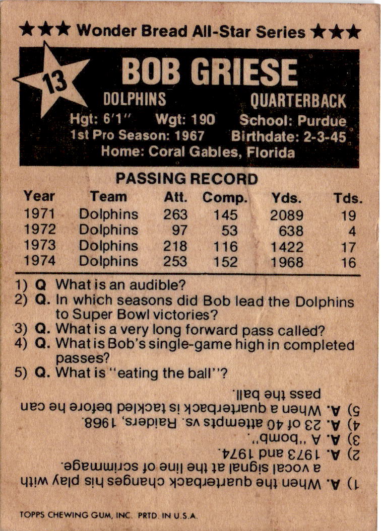 1975 Wonder Bread #13 Bob Griese