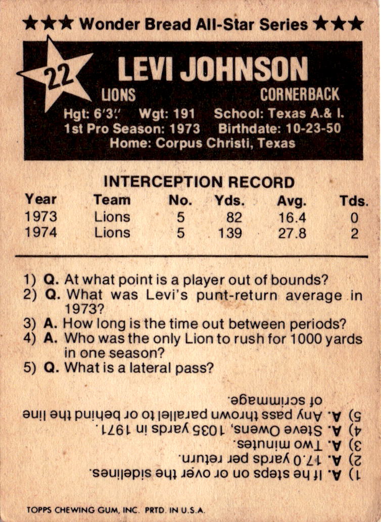 1975 Town Talk Bread #22 Levi Johnson