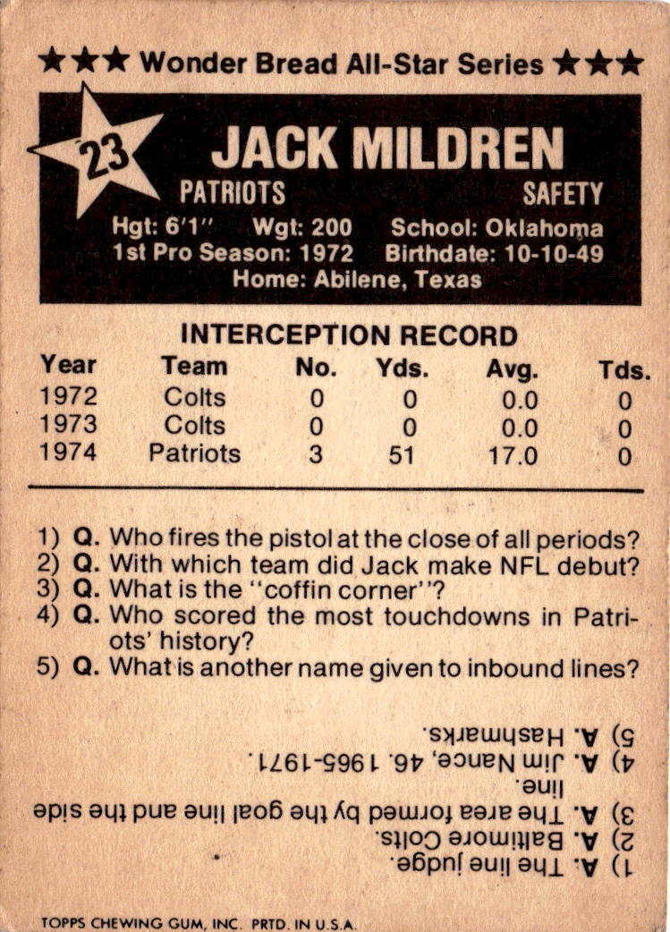 1975 Wonder Bread #23 Jack Mildren
