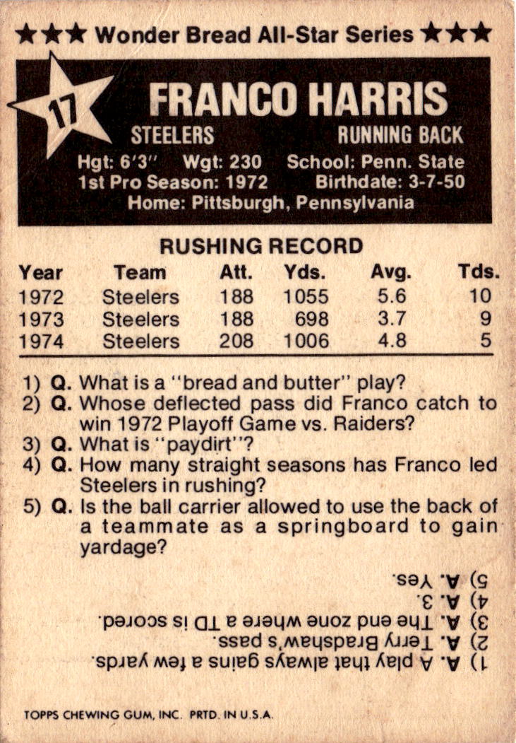 1975 Town Talk Bread #17 Franco Harris