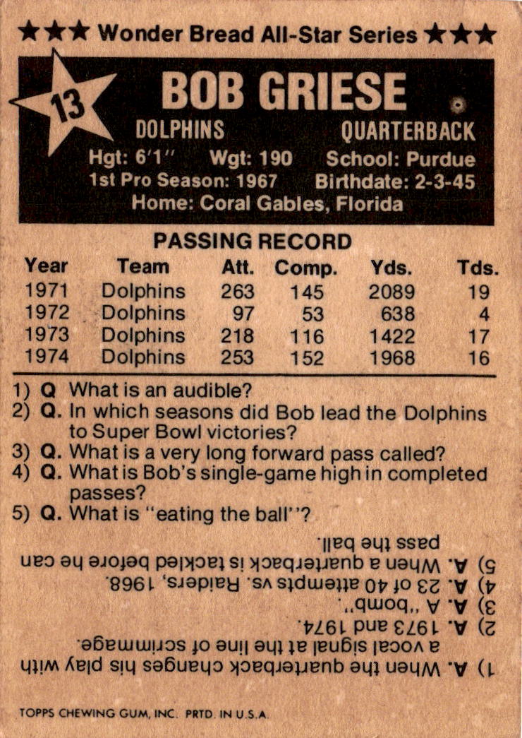 1975 Town Talk Bread #13 Bob Griese