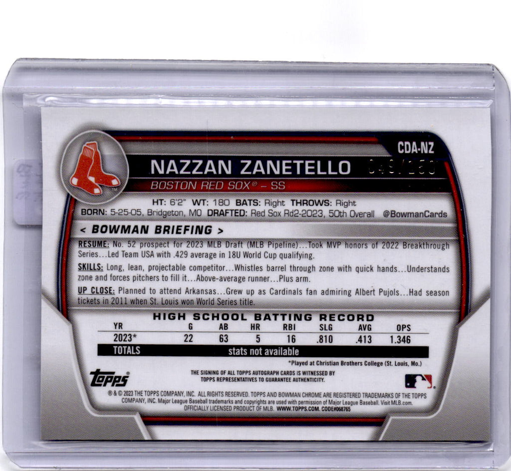 2023 Bowman Draft Nazzan Zanetello Chrome Prospect Auto Blue Wave Refractor /150
