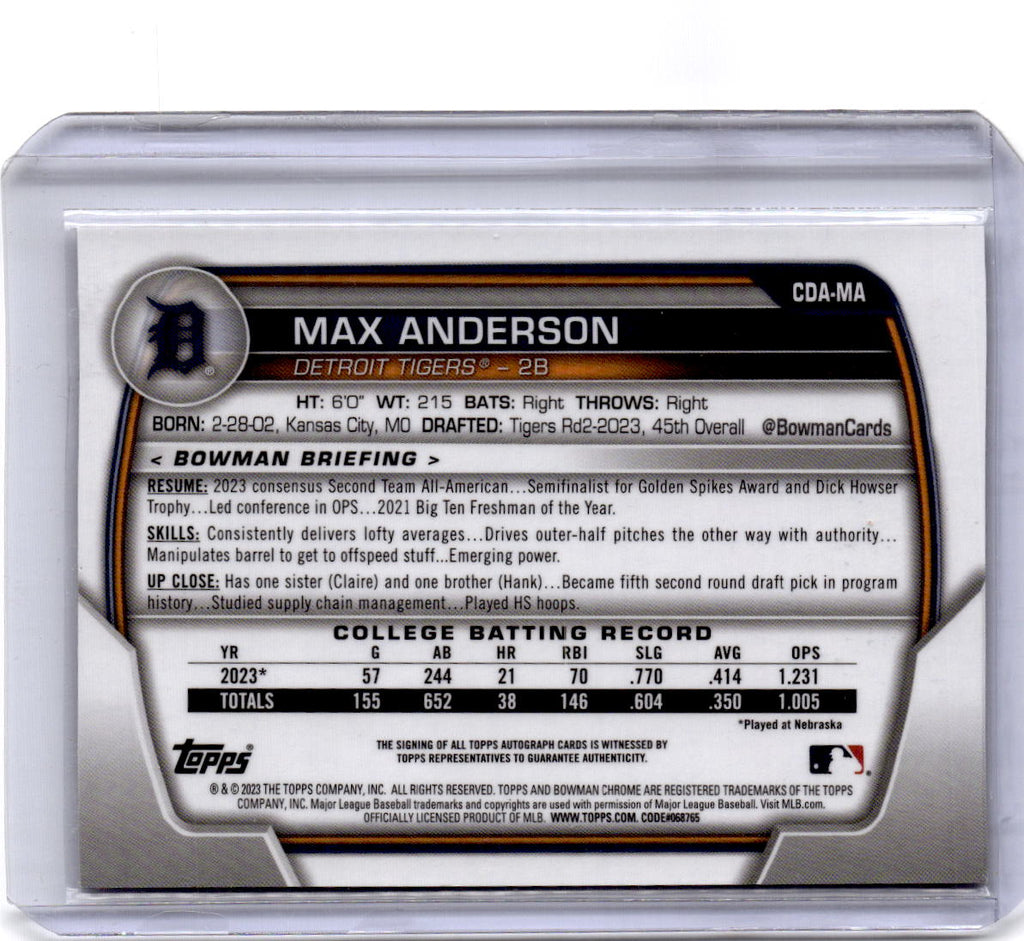 2023 Bowman Draft #CDA-MA Max Anderson Chrome Prospect Autographs