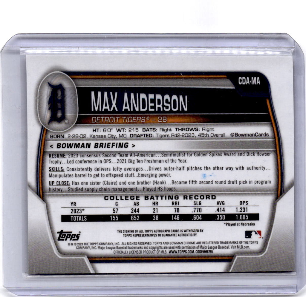 2023 Bowman Draft #CDA-MA Max Anderson Chrome Prospect Autographs