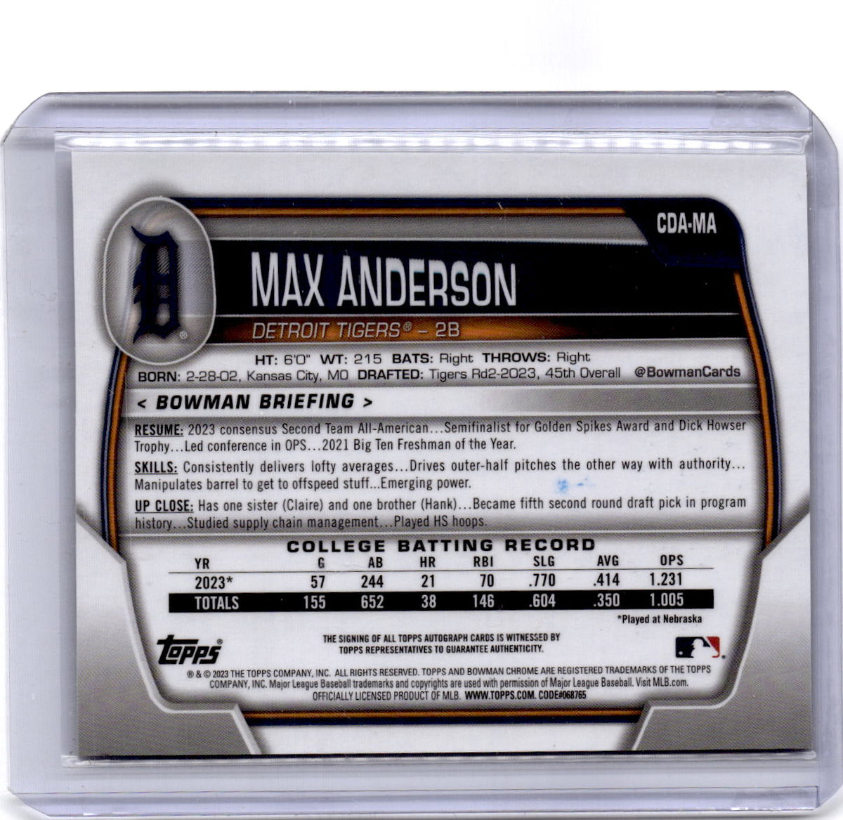 2023 Bowman Draft #CDA-MA Max Anderson Chrome Prospect Autographs