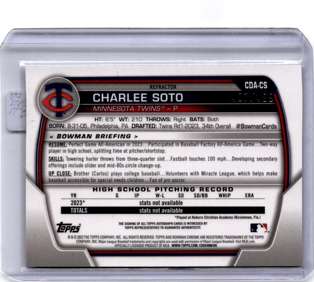 2023 Bowman Draft #CDA-CS Charlee Soto Chrome Prospect Autographs Refractor/499