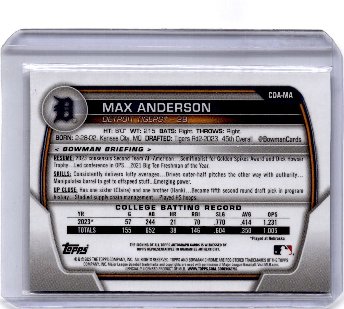 2023 Bowman Draft #CDA-MA Max Anderson Chrome Prospect Autographs