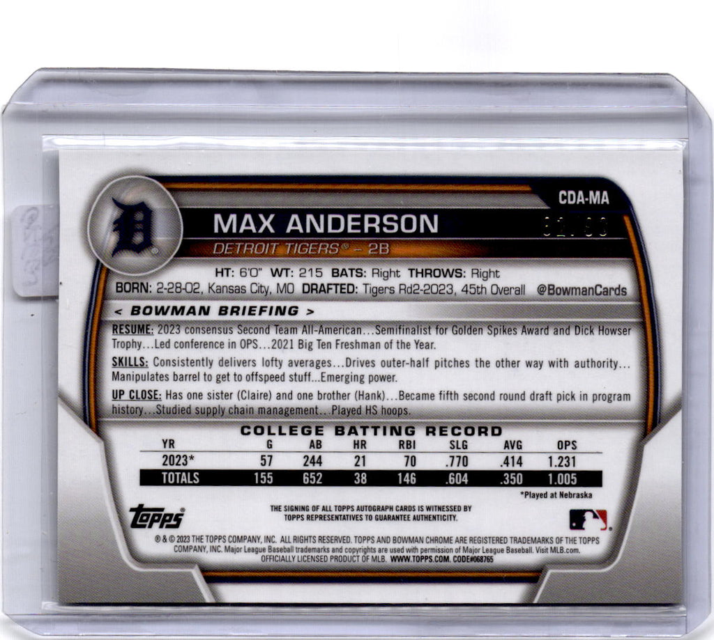 2023 Bowman Draft Max Anderson Chrome Prospect Autographs Green Refractor #/99