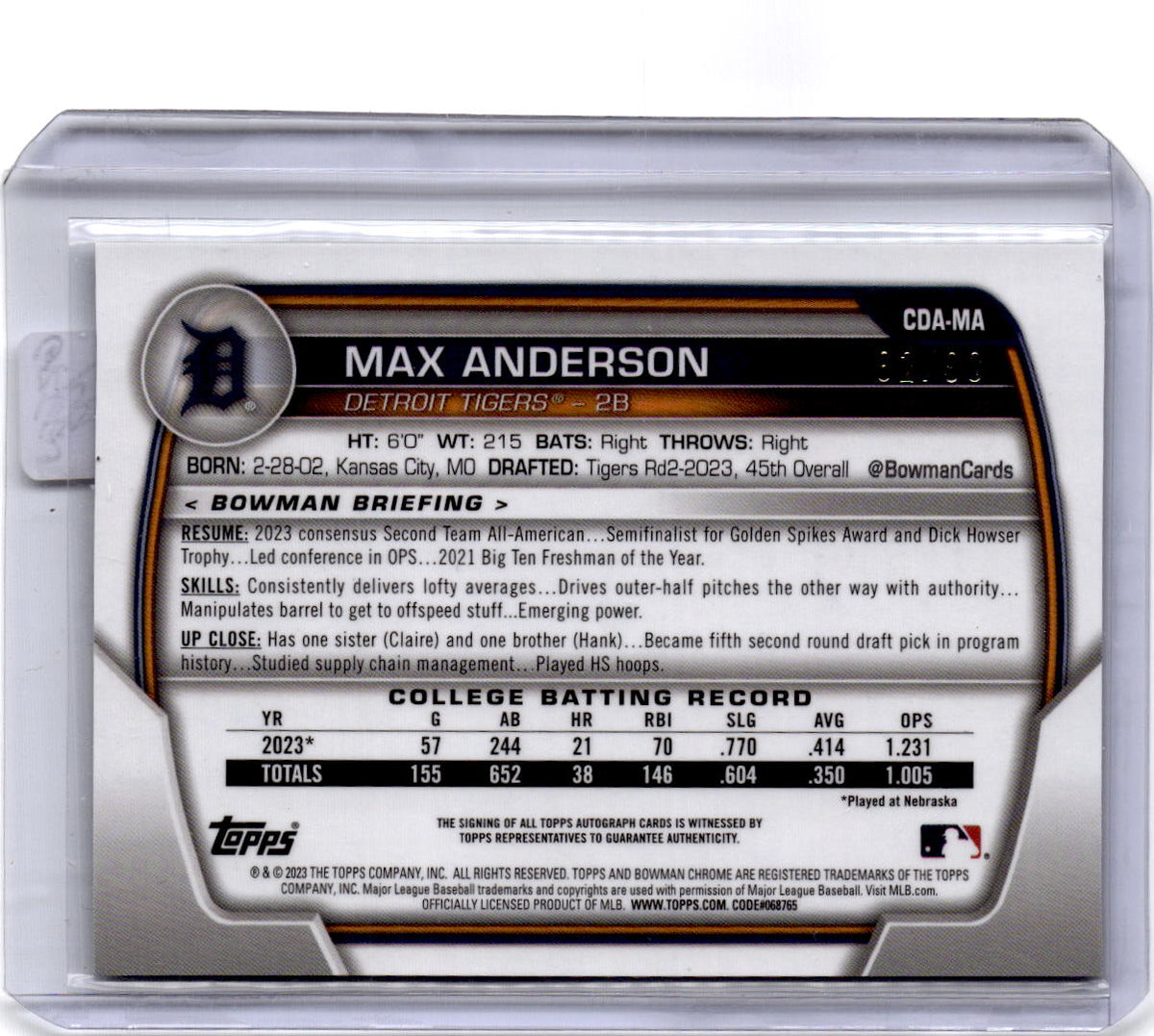 2023 Bowman Draft Max Anderson Chrome Prospect Autographs Green Refractor #/99